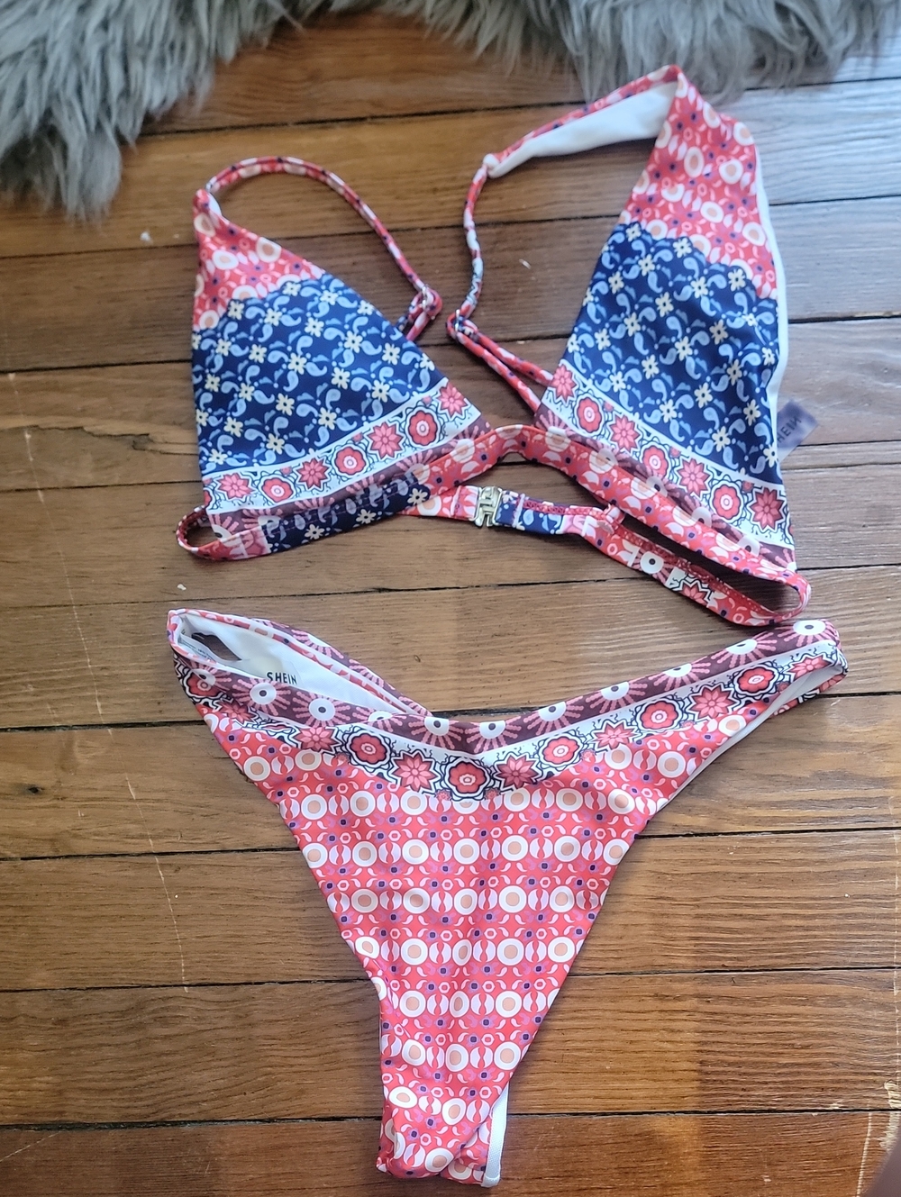 SHEIN Pink and Blue Floral Print Triangle Bikini